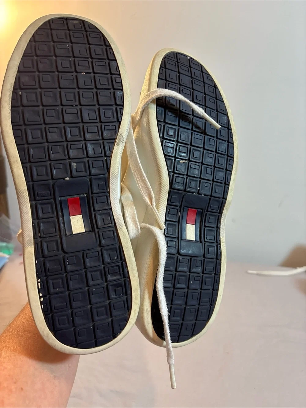 Tommy Hilfiger Women’s White Leather Sneakers with Navy Lining and Flag Accent